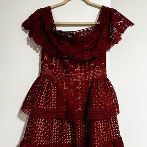 Self-Portrait Burgundy Floral Lace Midi Dress